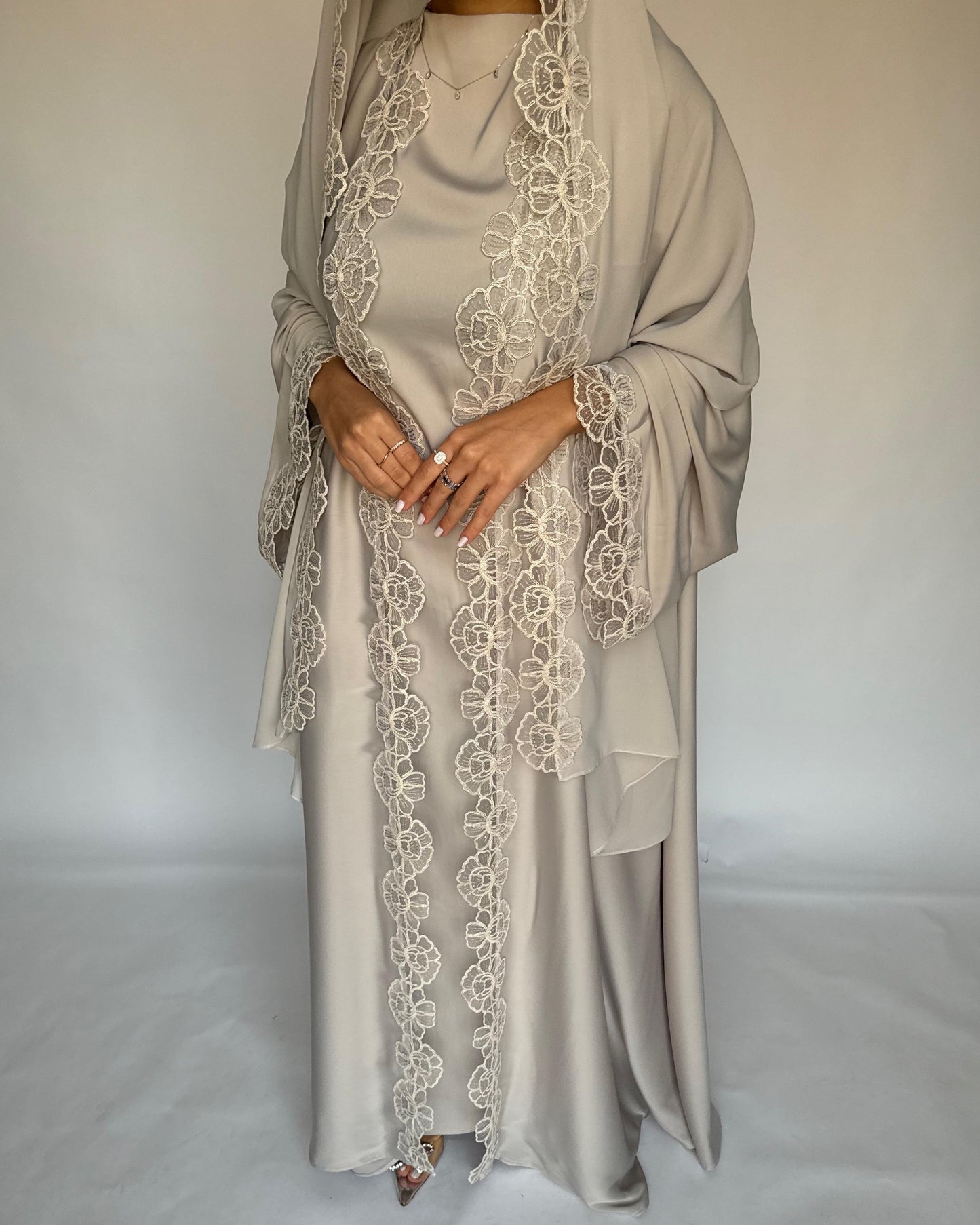 A324 - Beige Lace A-Cut Abaya, Matching Dress & Head Scarf