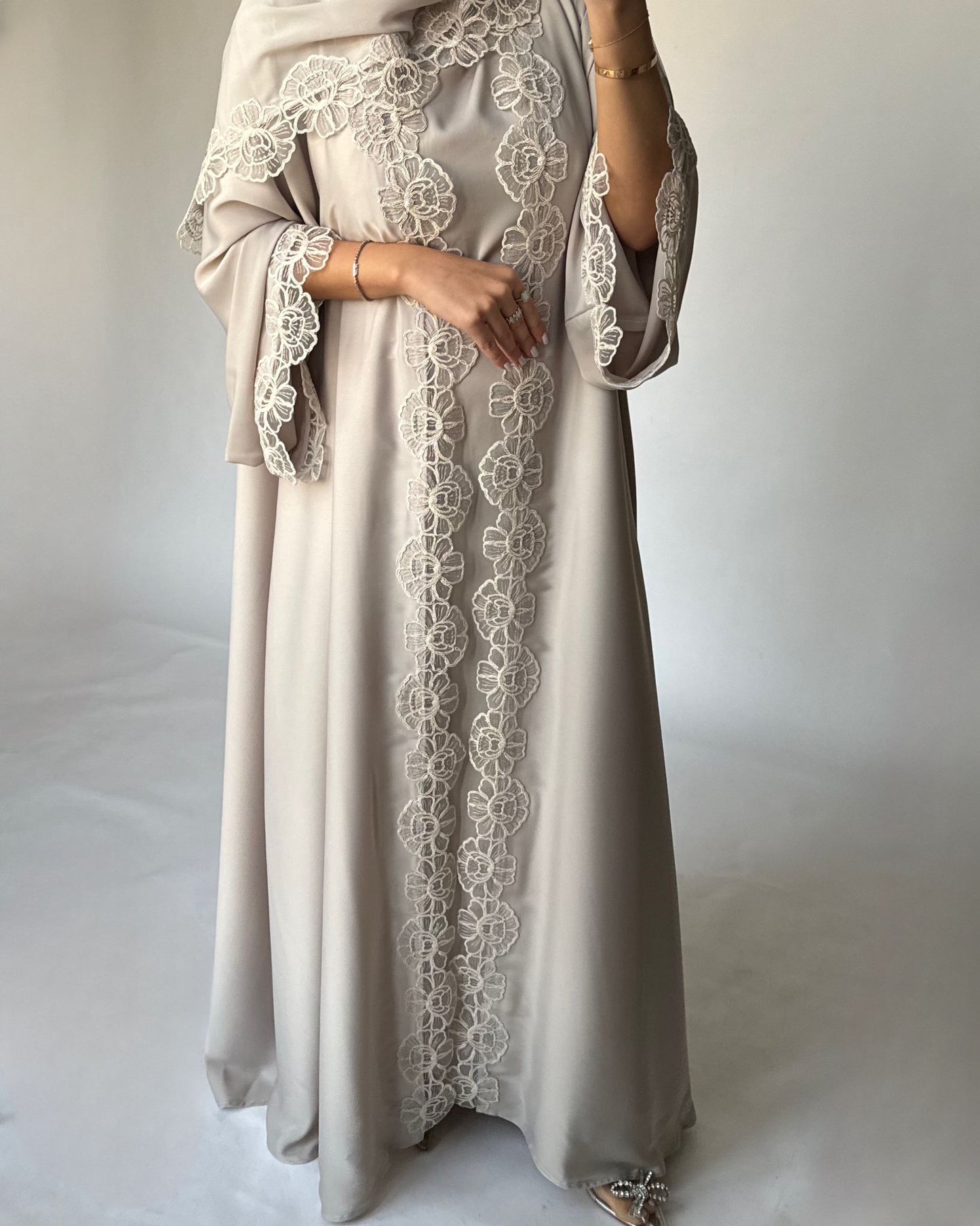 A324 - Beige Lace A-Cut Abaya, Matching Dress & Head Scarf