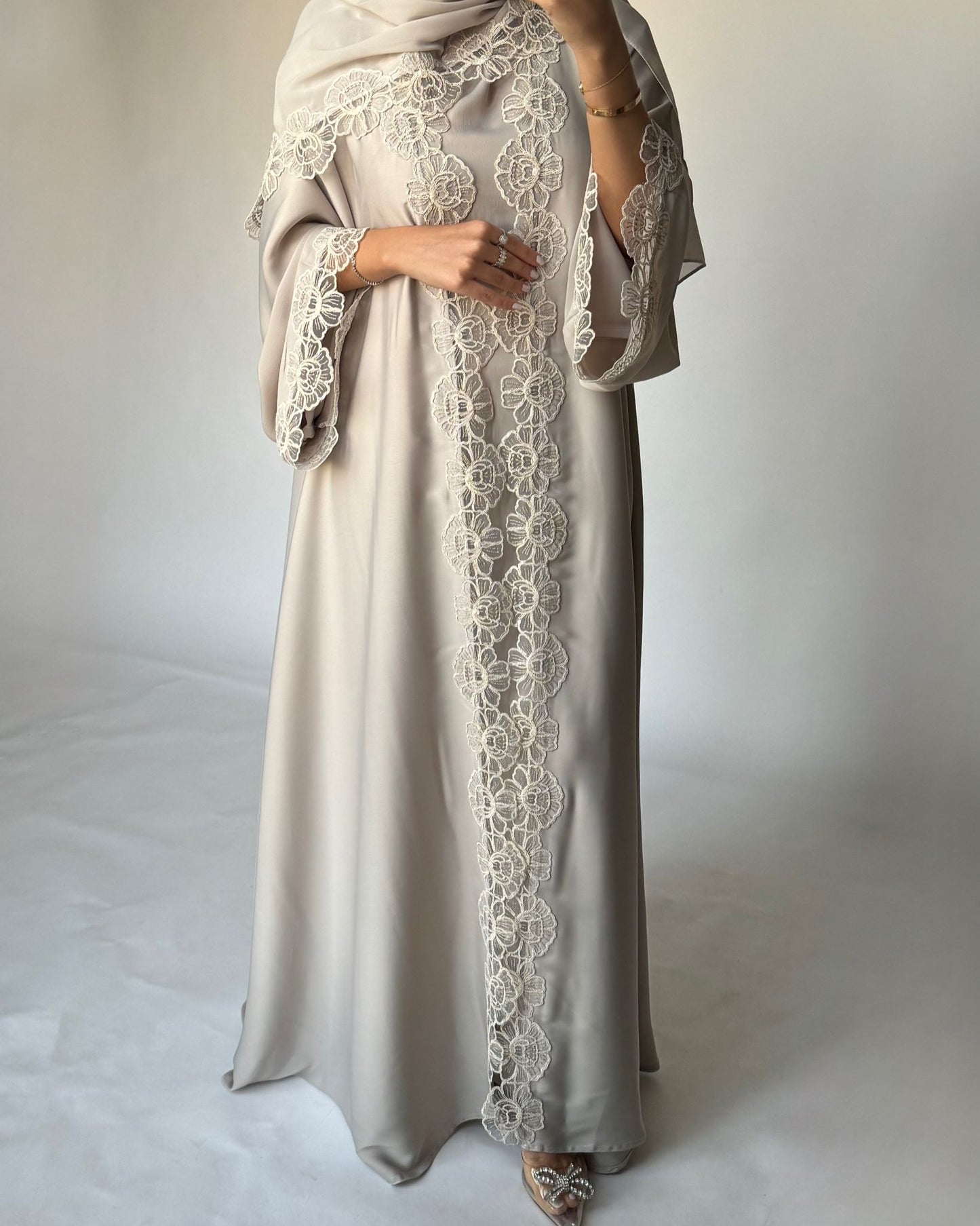 A324 - Beige Lace A-Cut Abaya, Matching Dress & Head Scarf