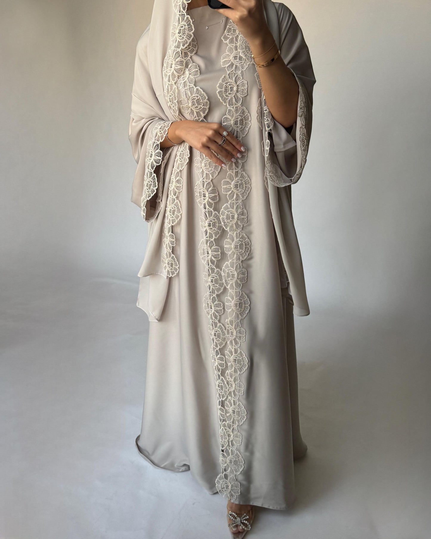 A324 - Beige Lace A-Cut Abaya, Matching Dress & Head Scarf