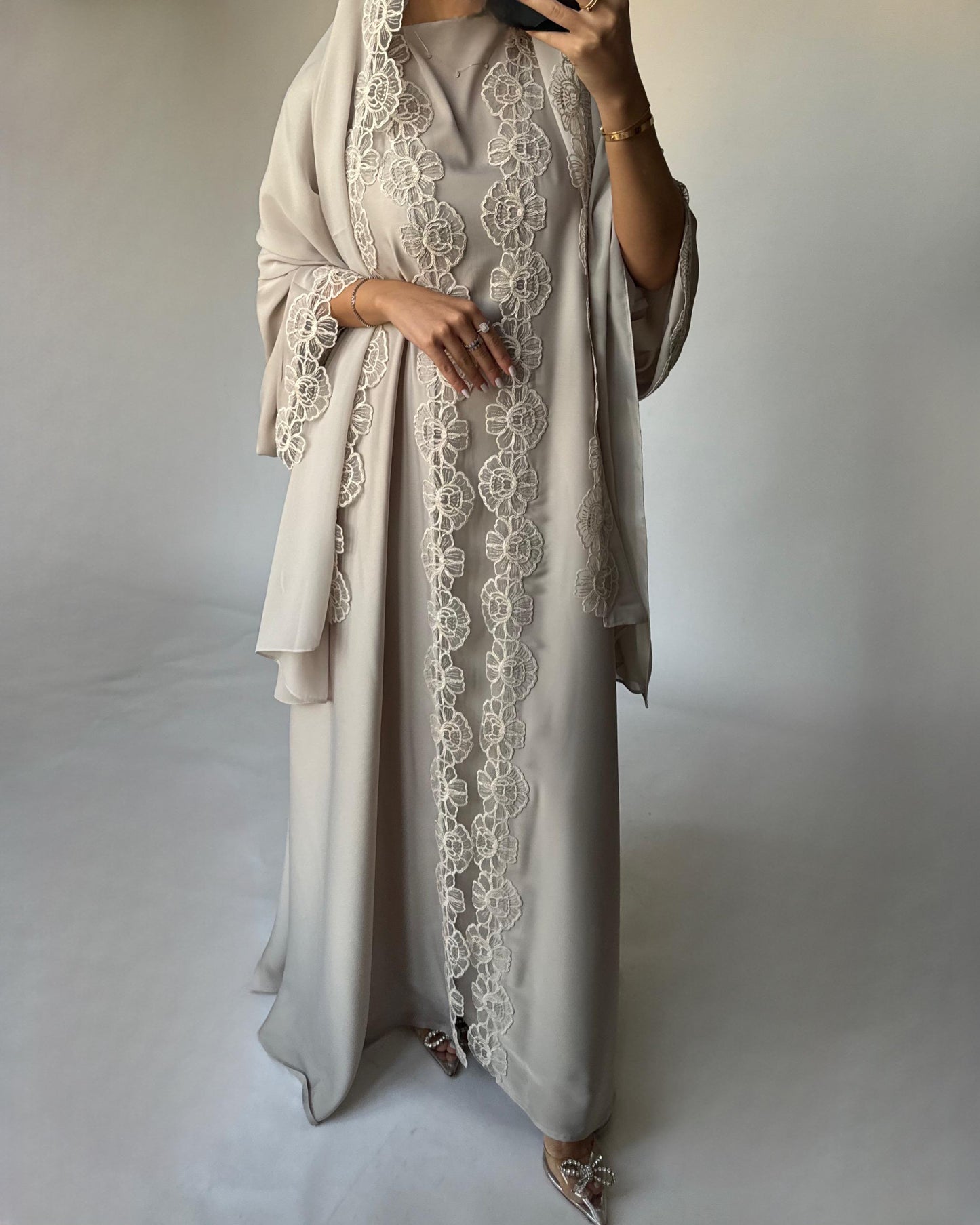 A324 - Beige Lace A-Cut Abaya, Matching Dress & Head Scarf