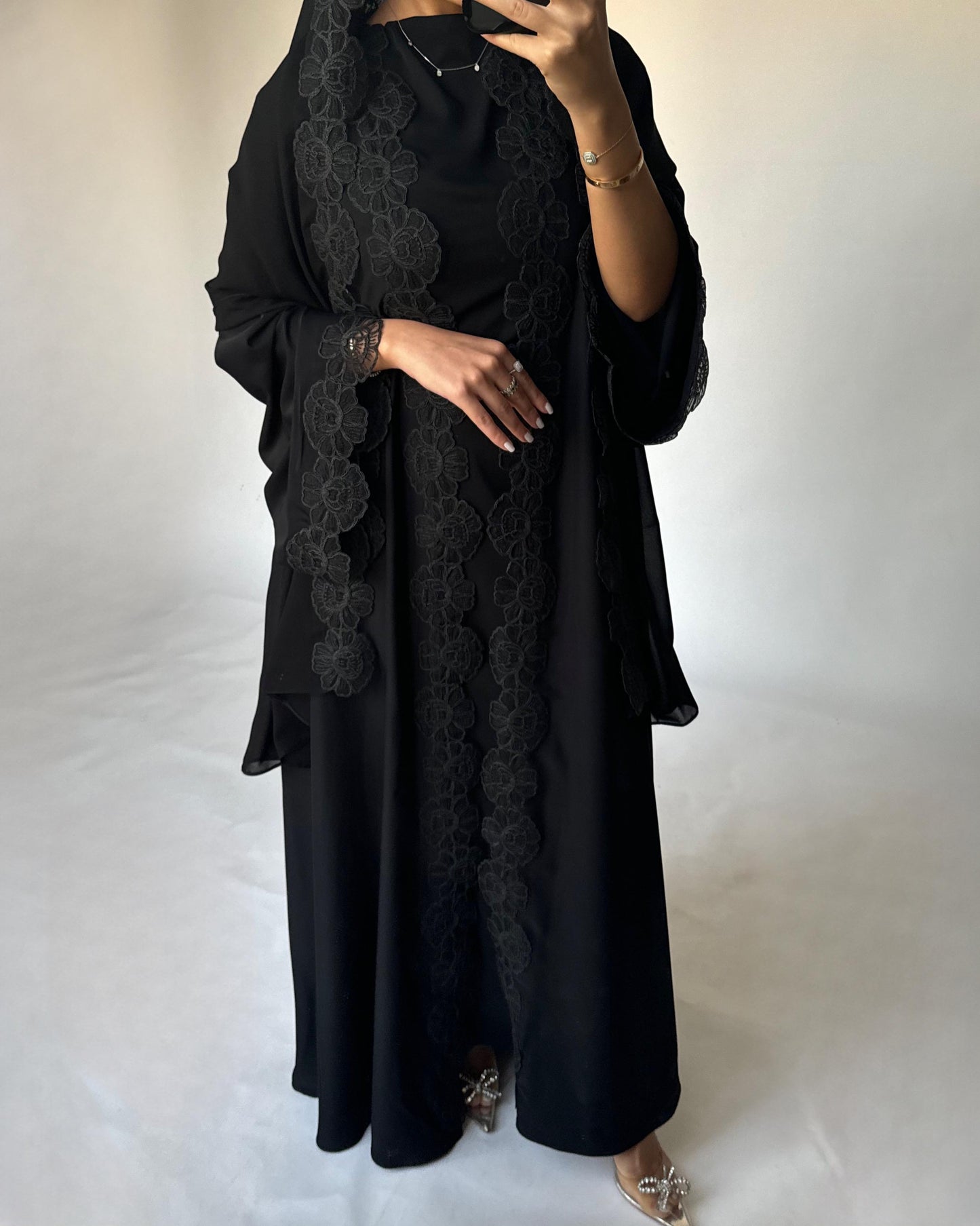 A323 - Black Lace A-Cut Abaya, Matching Dress & Head Scarf