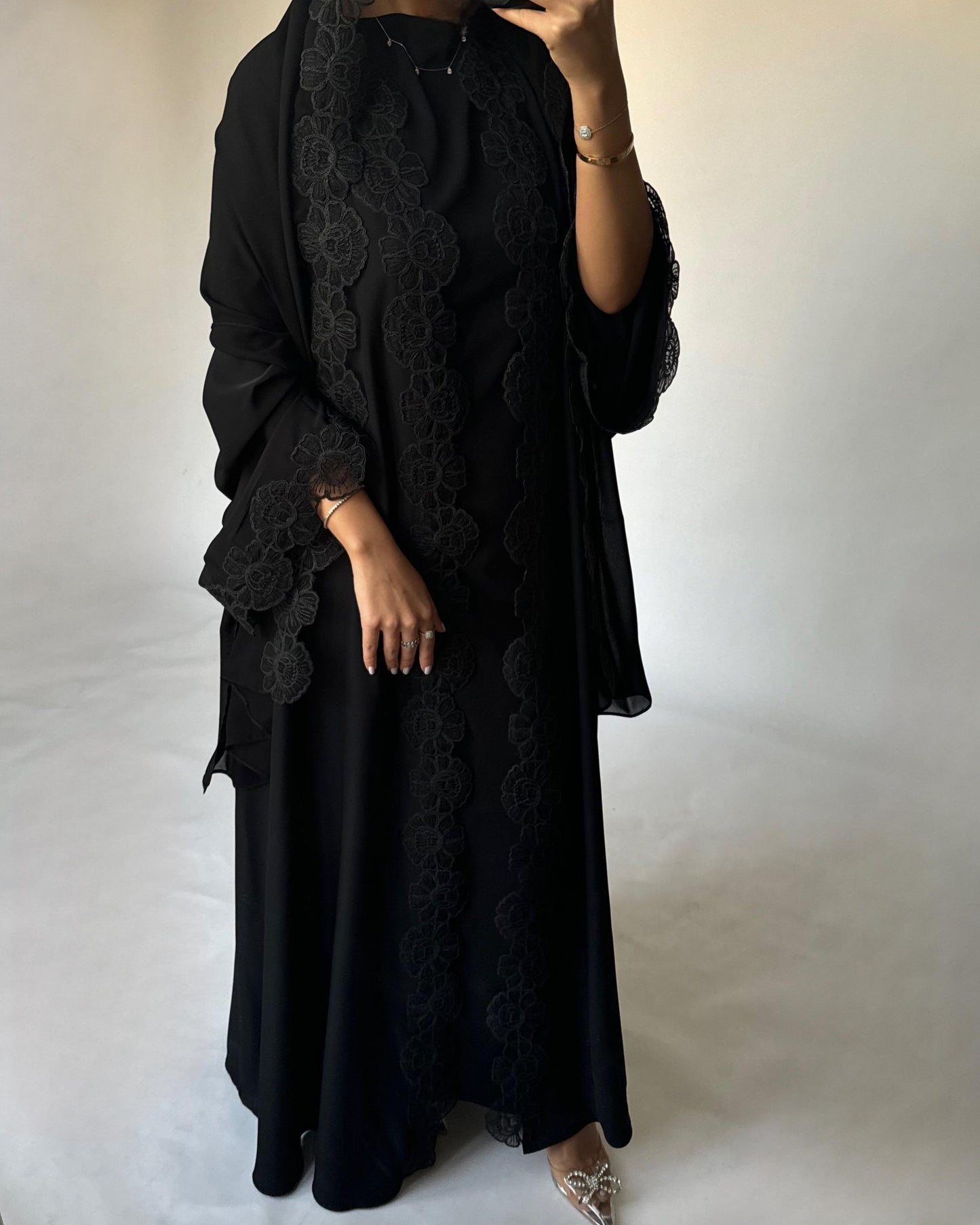 A323 - Black Lace A-Cut Abaya, Matching Dress & Head Scarf