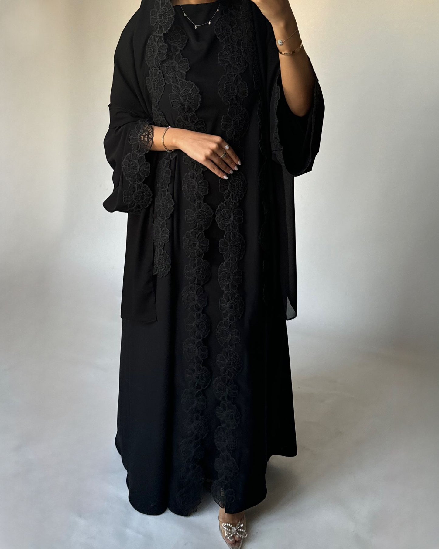 A323 - Black Lace A-Cut Abaya, Matching Dress & Head Scarf