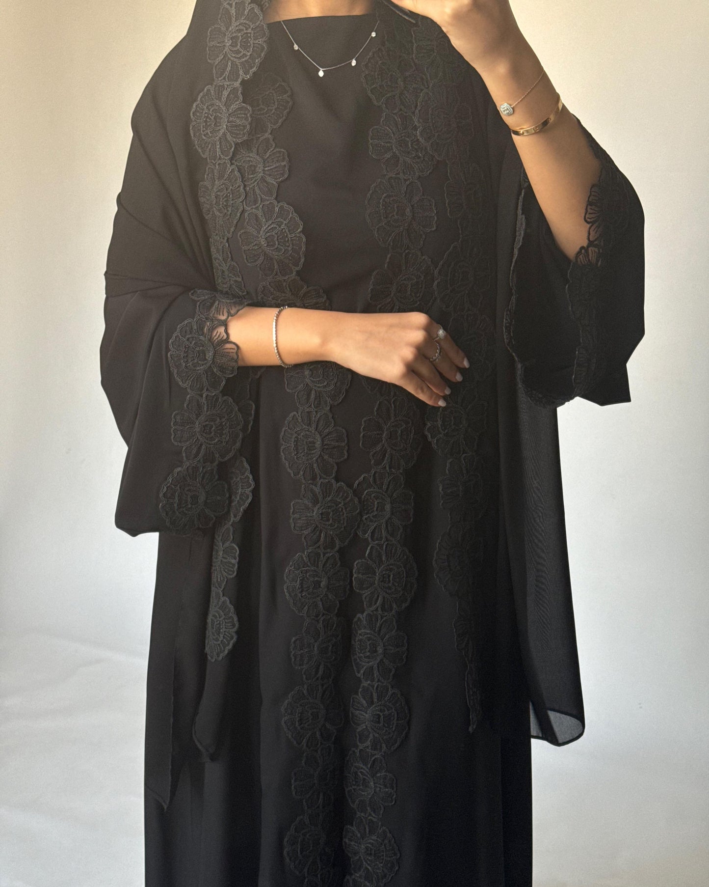 A323 - Black Lace A-Cut Abaya, Matching Dress & Head Scarf