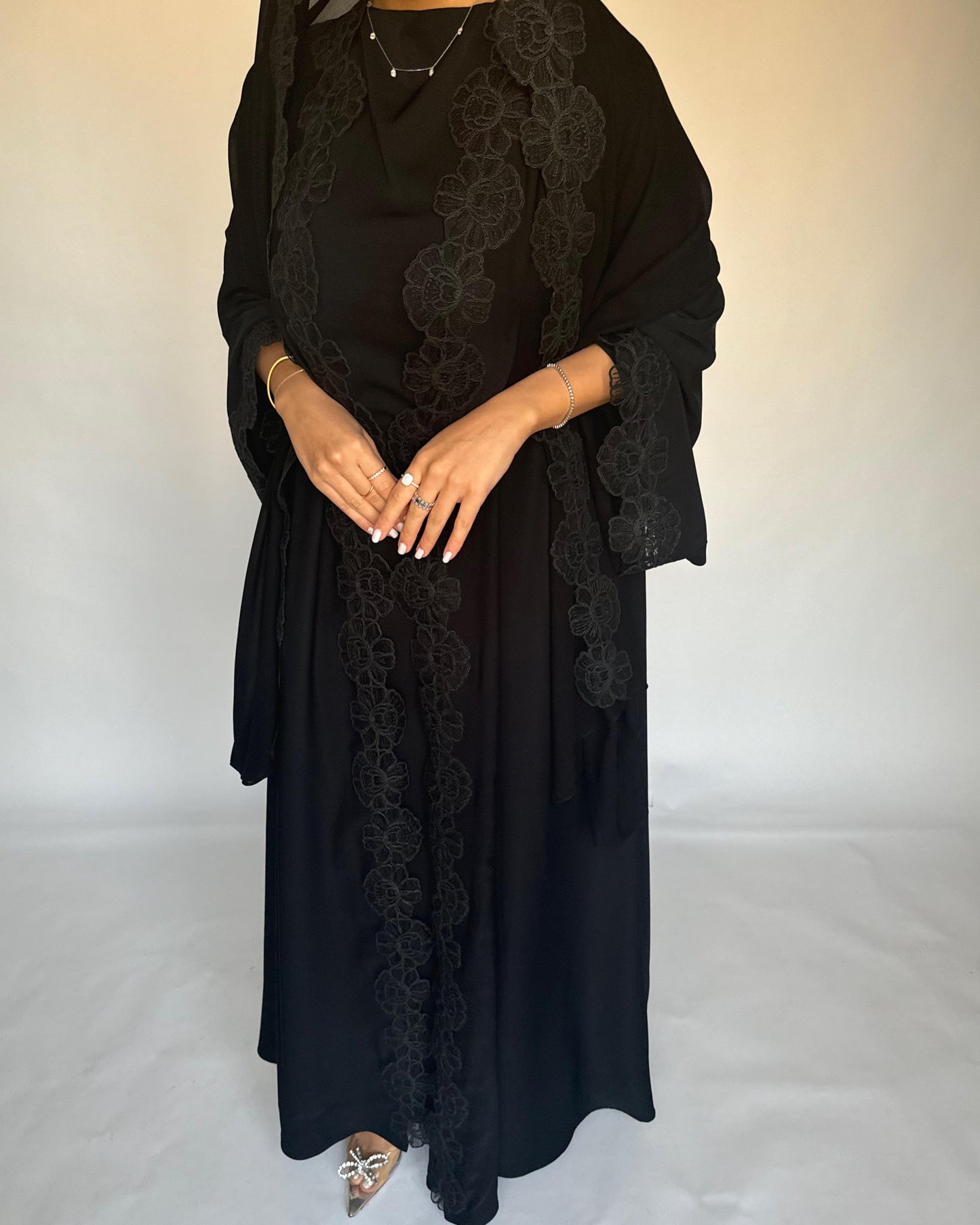 A323 - Black Lace A-Cut Abaya, Matching Dress & Head Scarf