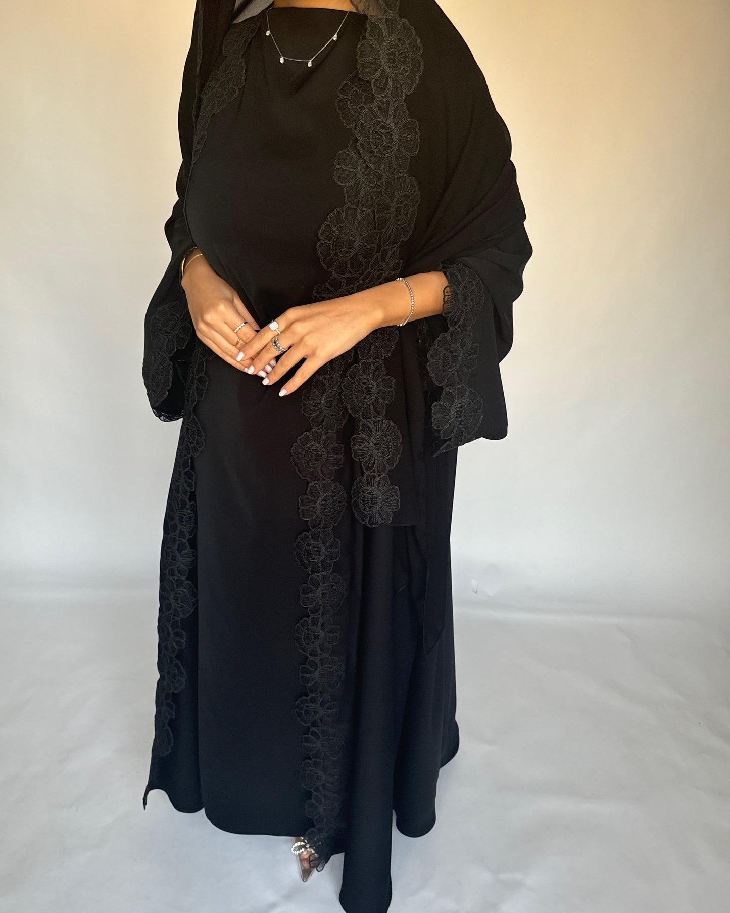 A323 - Black Lace A-Cut Abaya, Matching Dress & Head Scarf