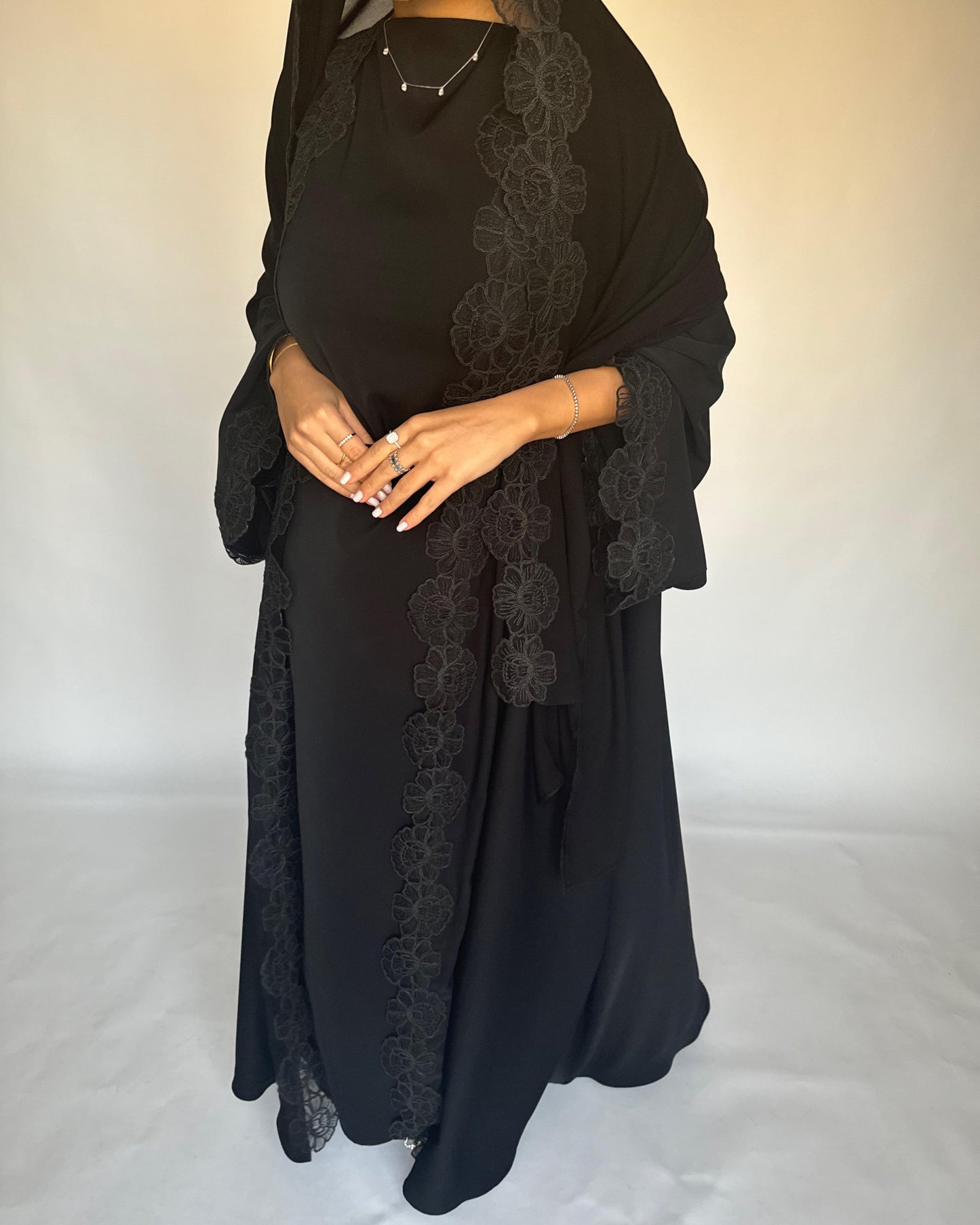 A323 - Black Lace A-Cut Abaya, Matching Dress & Head Scarf