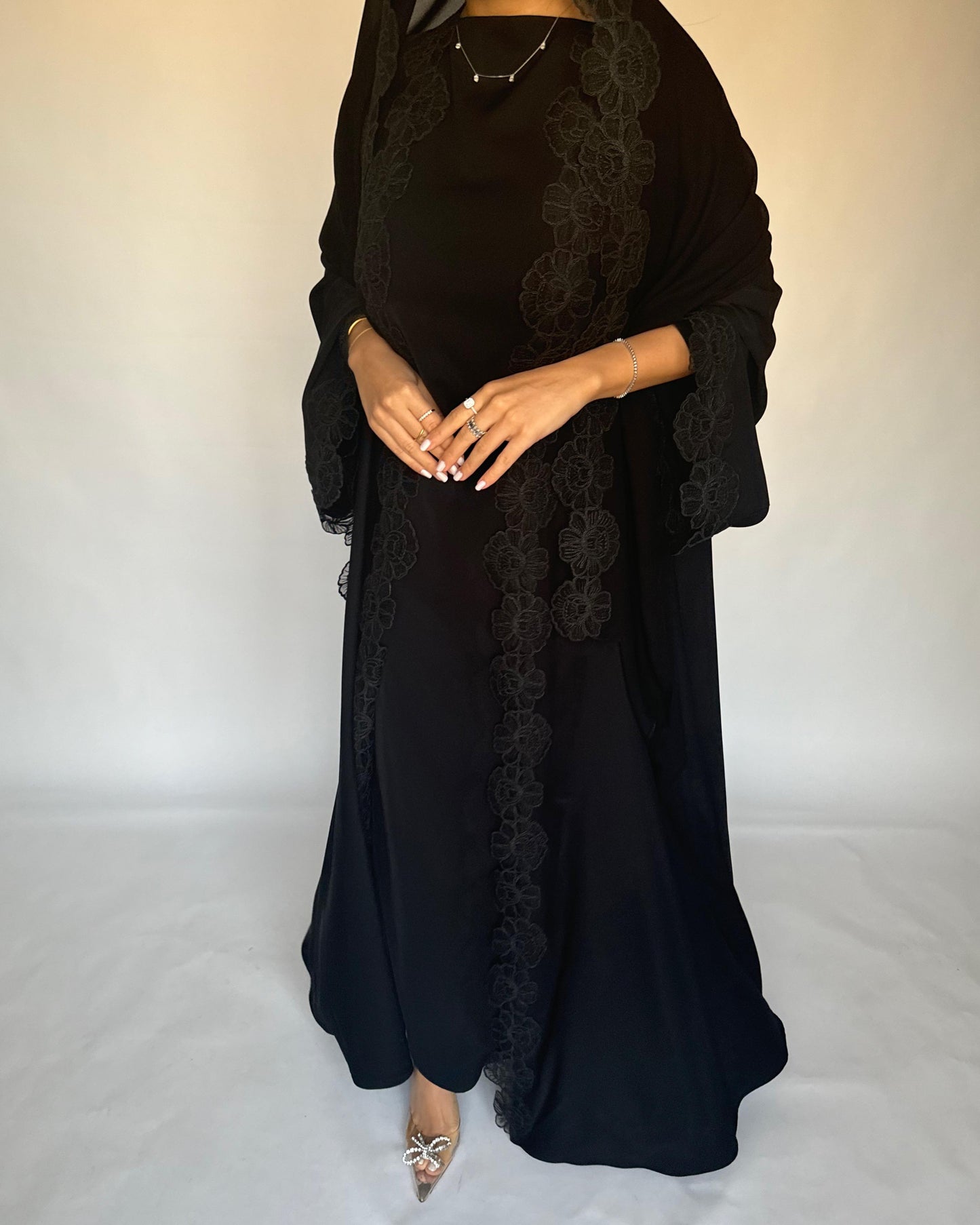 A323 - Black Lace A-Cut Abaya, Matching Dress & Head Scarf