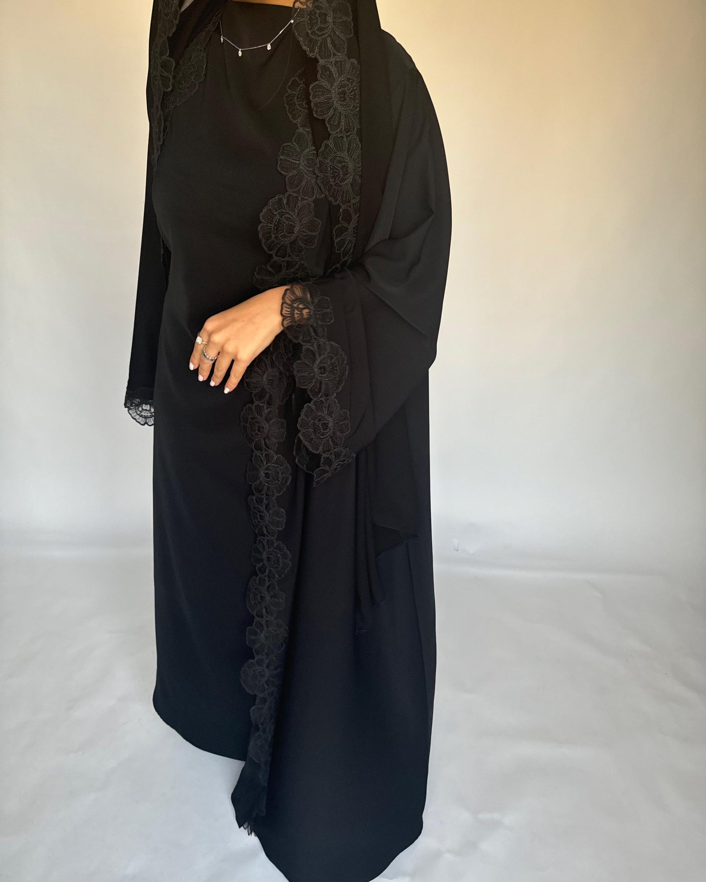 A323 - Black Lace A-Cut Abaya, Matching Dress & Head Scarf