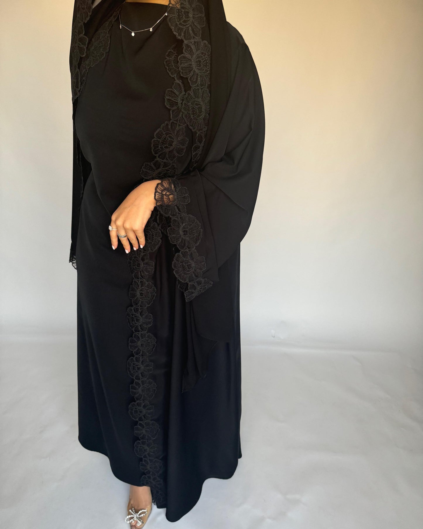 A323 - Black Lace A-Cut Abaya, Matching Dress & Head Scarf