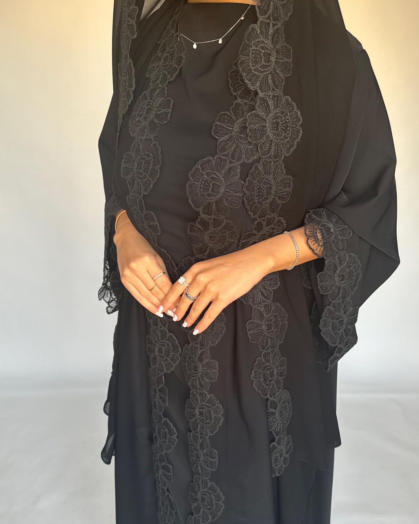 A323 - Black Lace A-Cut Abaya, Matching Dress & Head Scarf