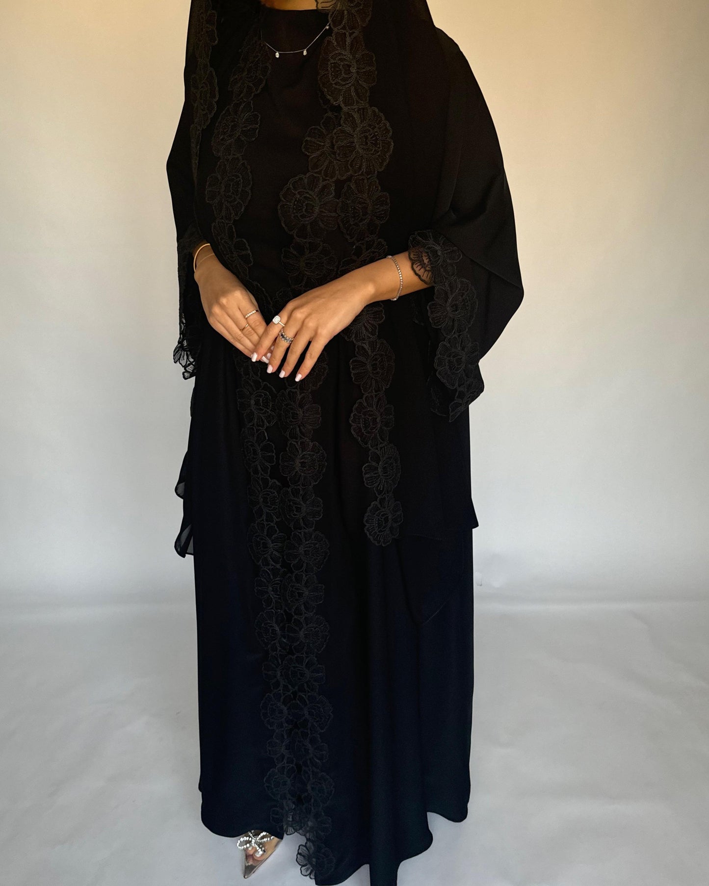 A323 - Black Lace A-Cut Abaya, Matching Dress & Head Scarf