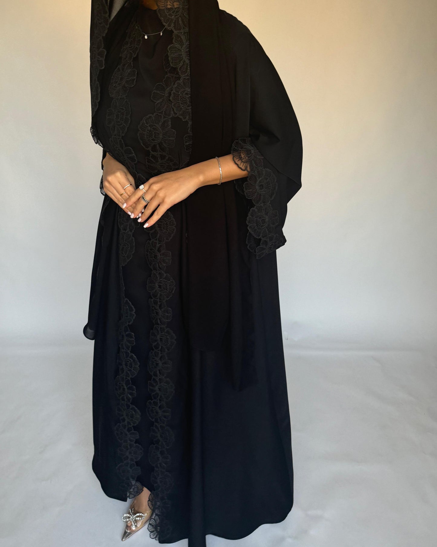 A323 - Black Lace A-Cut Abaya, Matching Dress & Head Scarf