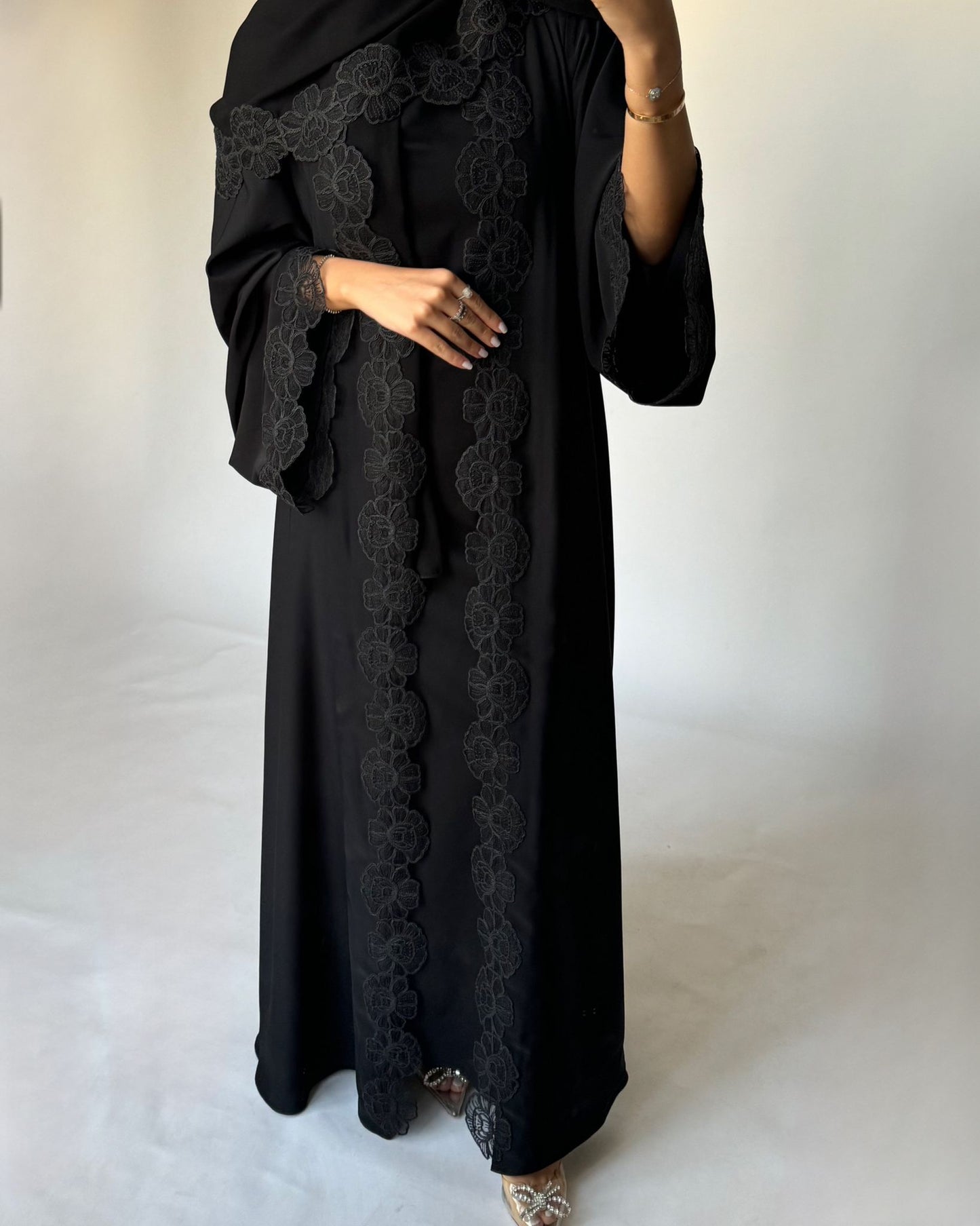 A323 - Black Lace A-Cut Abaya, Matching Dress & Head Scarf