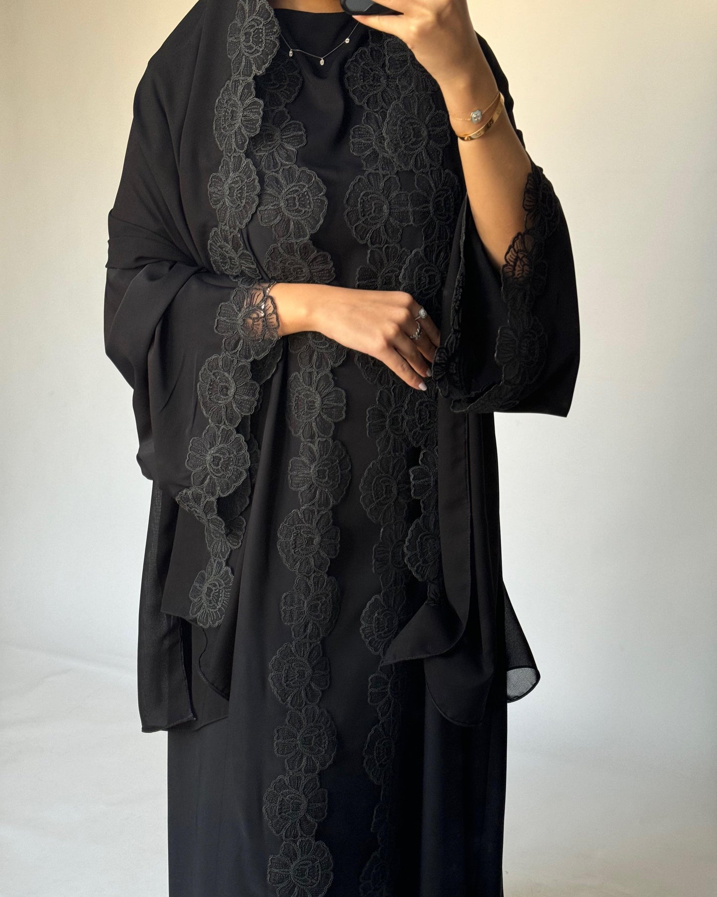 A323 - Black Lace A-Cut Abaya, Matching Dress & Head Scarf